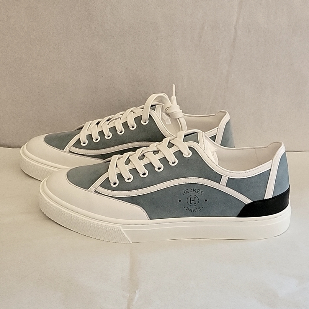 Hermes Light Blue Suede Colorblock Pattern Sneake… - image 1